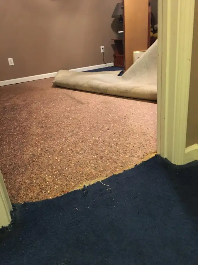 Carpet pad removal revealing water damage during Water Mitigation Services in Guadalupe